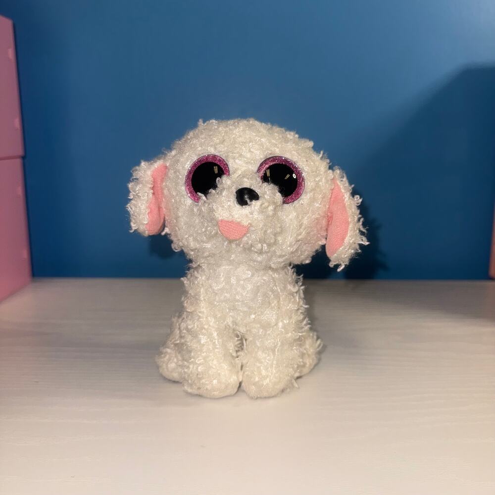TY Beanie Baby Pippie White Dog Plush 6” Pink Glitter Eyes EUC